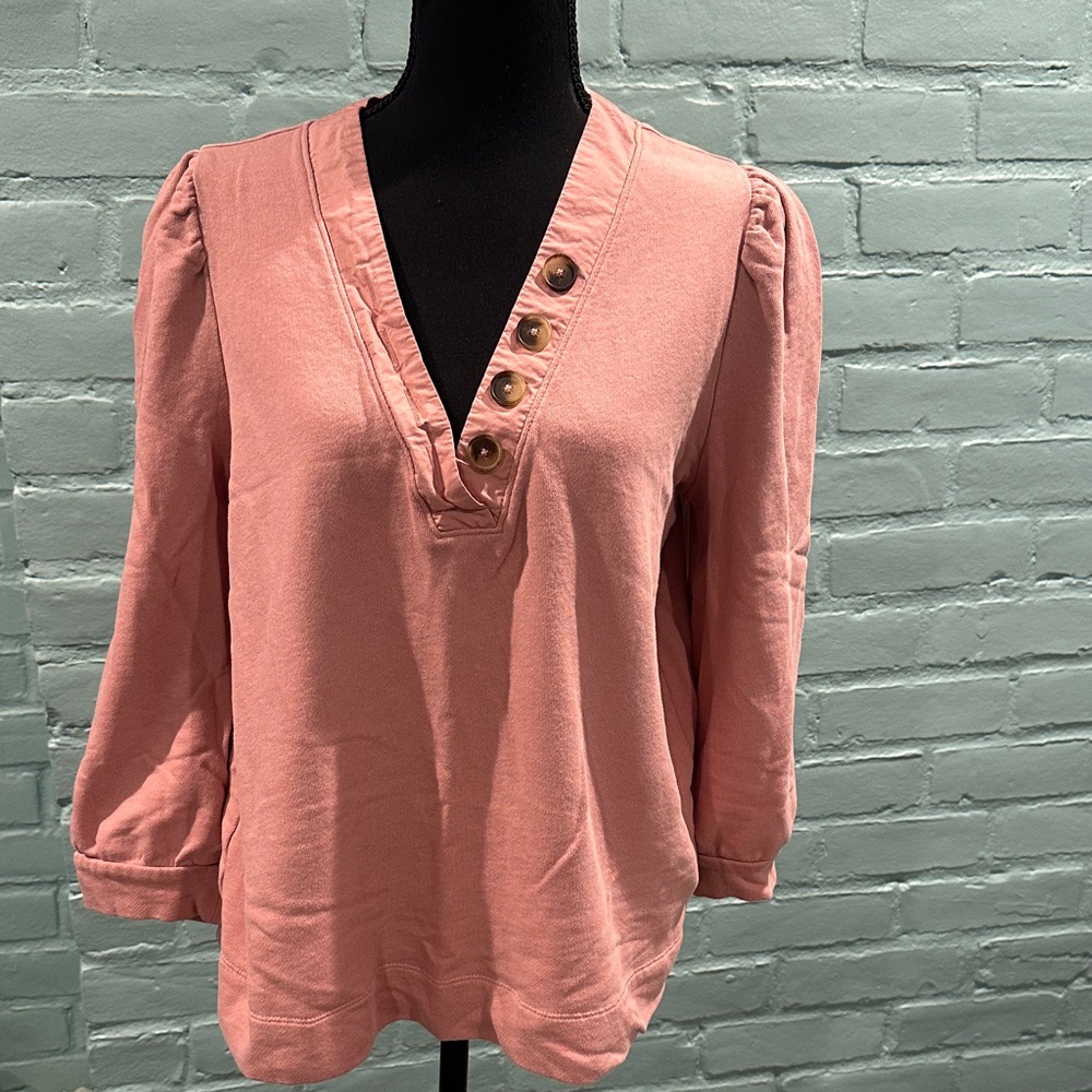 LOFT Pink V-Neck Blouse with Button Detail